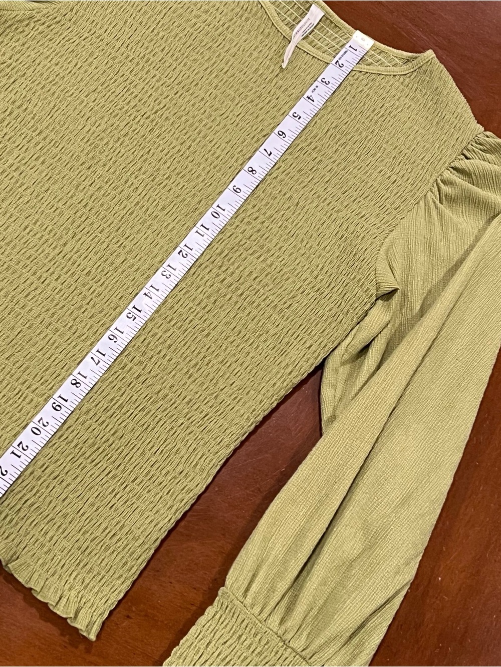 Anthropologie Textured Smocked Puff Sleeve Blouse Guacamole Green XL Long-Sleeve - Picture 14 of 16